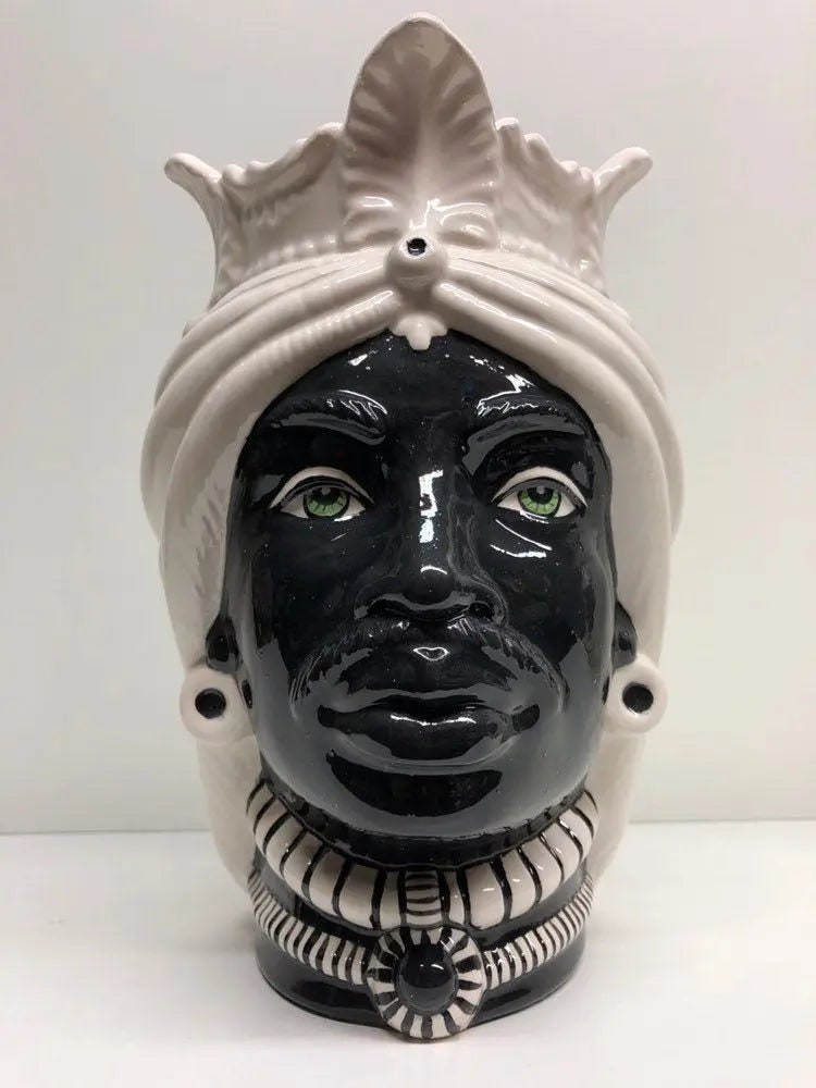 Teste di Moro Afro Ceramica Caltagirone cm H.25 L.17 Artigianale Bicolore Bianco Nero DD CERAMICHE SICILIANE