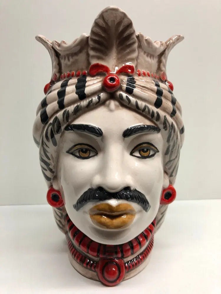 Teste di Moro Afro Ceramica Caltagirone cm H.25 L.17 Artigianale Turbante Striscie DD CERAMICHE SICILIANE