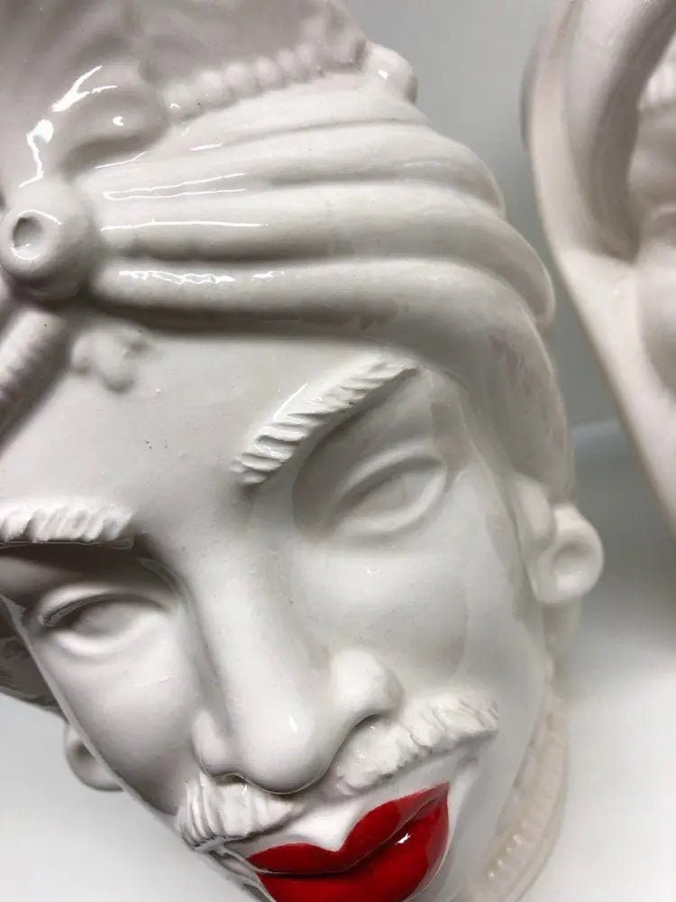 Teste di Moro Afro Ceramica Caltagirone cm H.25 L.17 Artigianale Bianco Labbra Rosse DD CERAMICHE SICILIANE