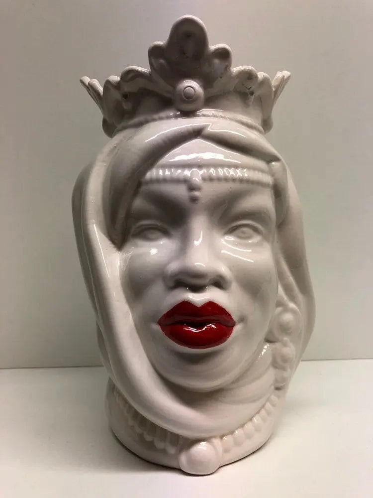 Teste di Moro Afro Ceramica Caltagirone cm H.25 L.17 Artigianale Bianco Labbra Rosse DD CERAMICHE SICILIANE