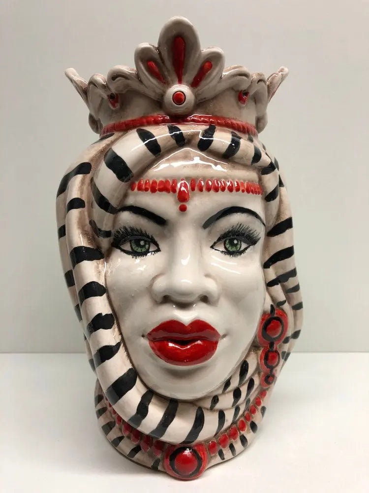 Teste di Moro Afro Ceramica Caltagirone cm H.25 L.17 Artigianale Turbante Striscie DD CERAMICHE SICILIANE