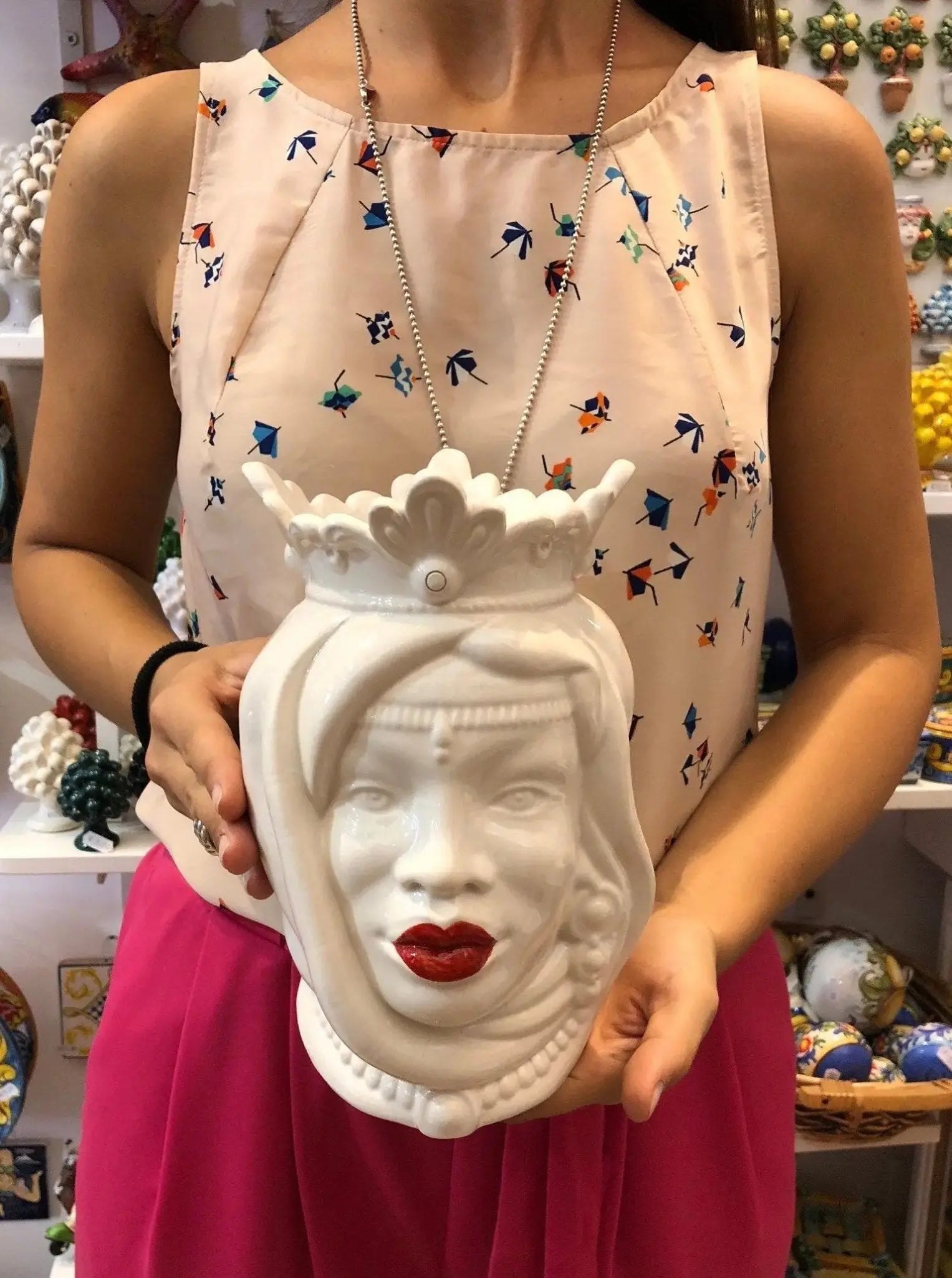 Teste di Moro Afro Ceramica Caltagirone cm H.25 L.17 Artigianale Bianco Labbra Rosse - DD CERAMICHE SICILIANE