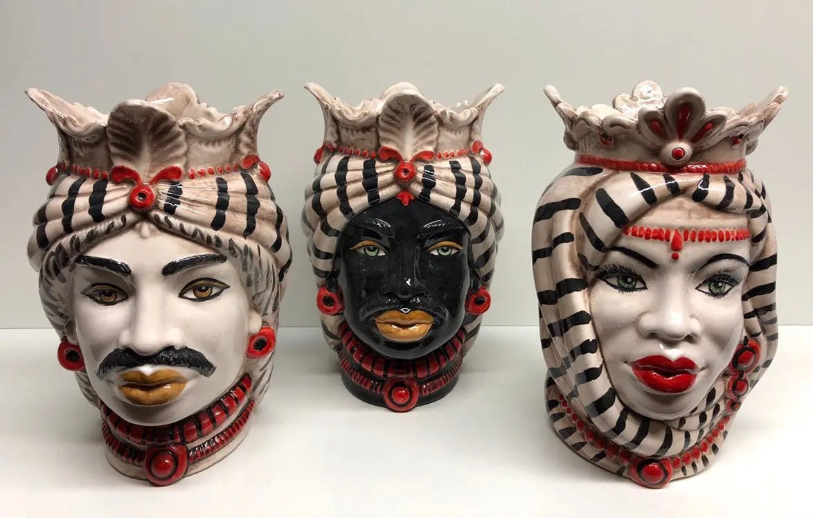 Teste di Moro Afro Ceramica Caltagirone cm H.25 L.17 Artigianale Turbante Striscie DD CERAMICHE SICILIANE