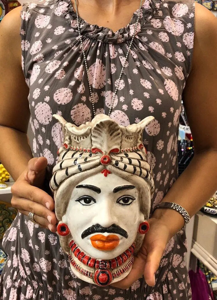 Teste di Moro Afro Ceramica Caltagirone cm H.25 L.17 Artigianale Turbante Striscie DD CERAMICHE SICILIANE