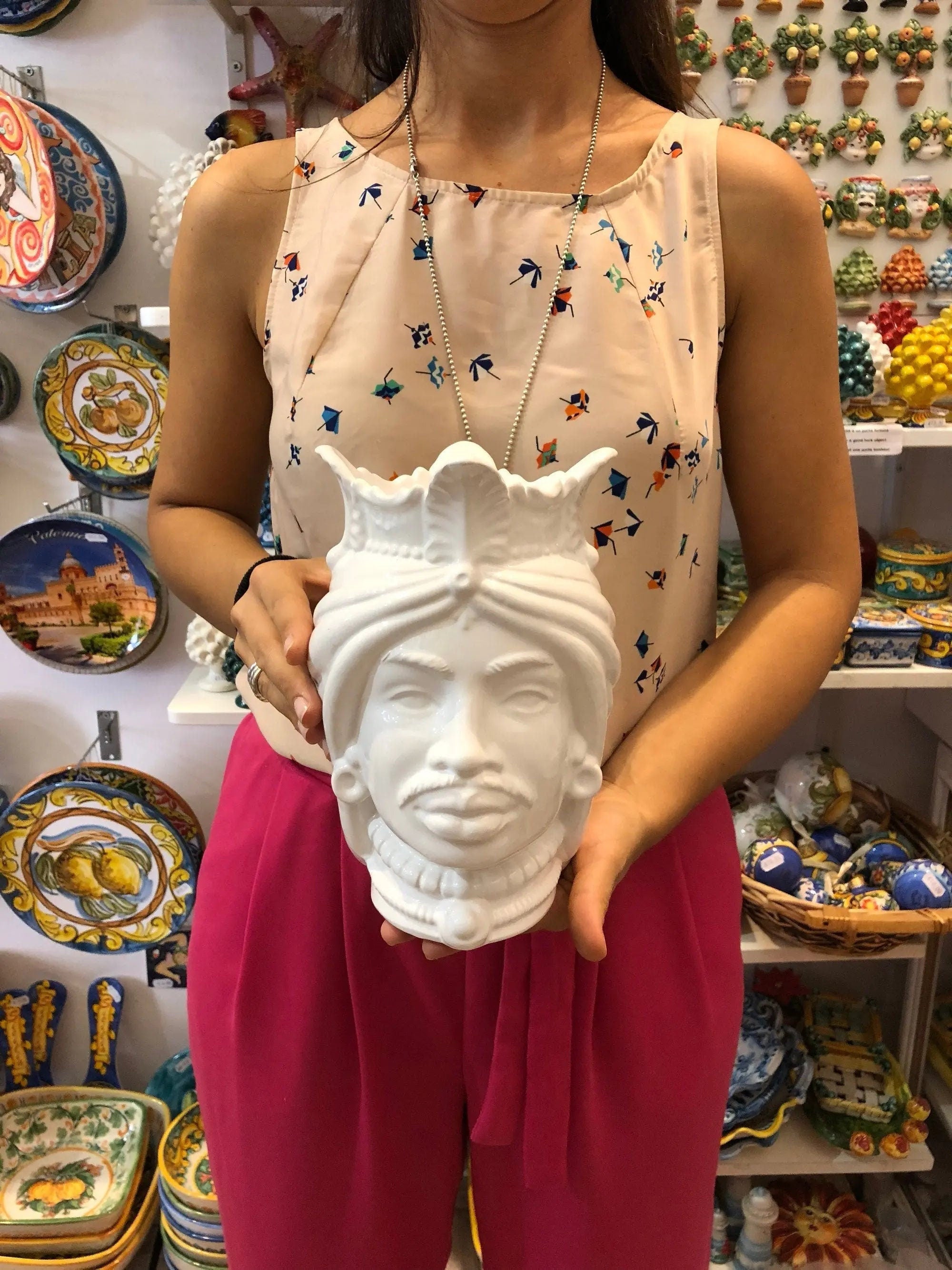 Teste di Moro Afro Ceramica Caltagirone cm H.25 L.17 Artigianale Bianco DD CERAMICHE SICILIANE