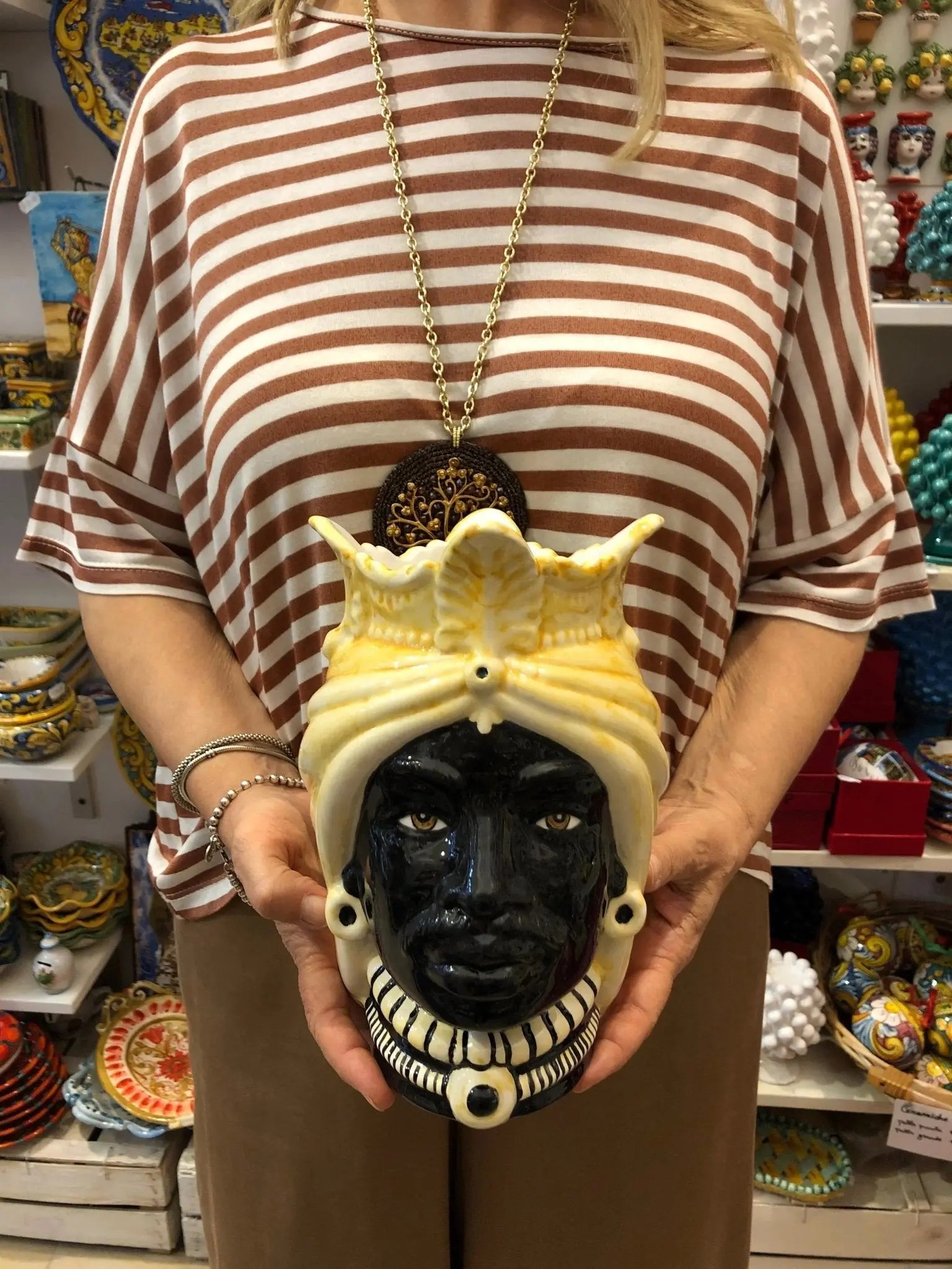 Teste di Moro Afro Ceramica Caltagirone cm H.25 L.17 Artigianale Bicolore Giallo Nero - DD CERAMICHE SICILIANE