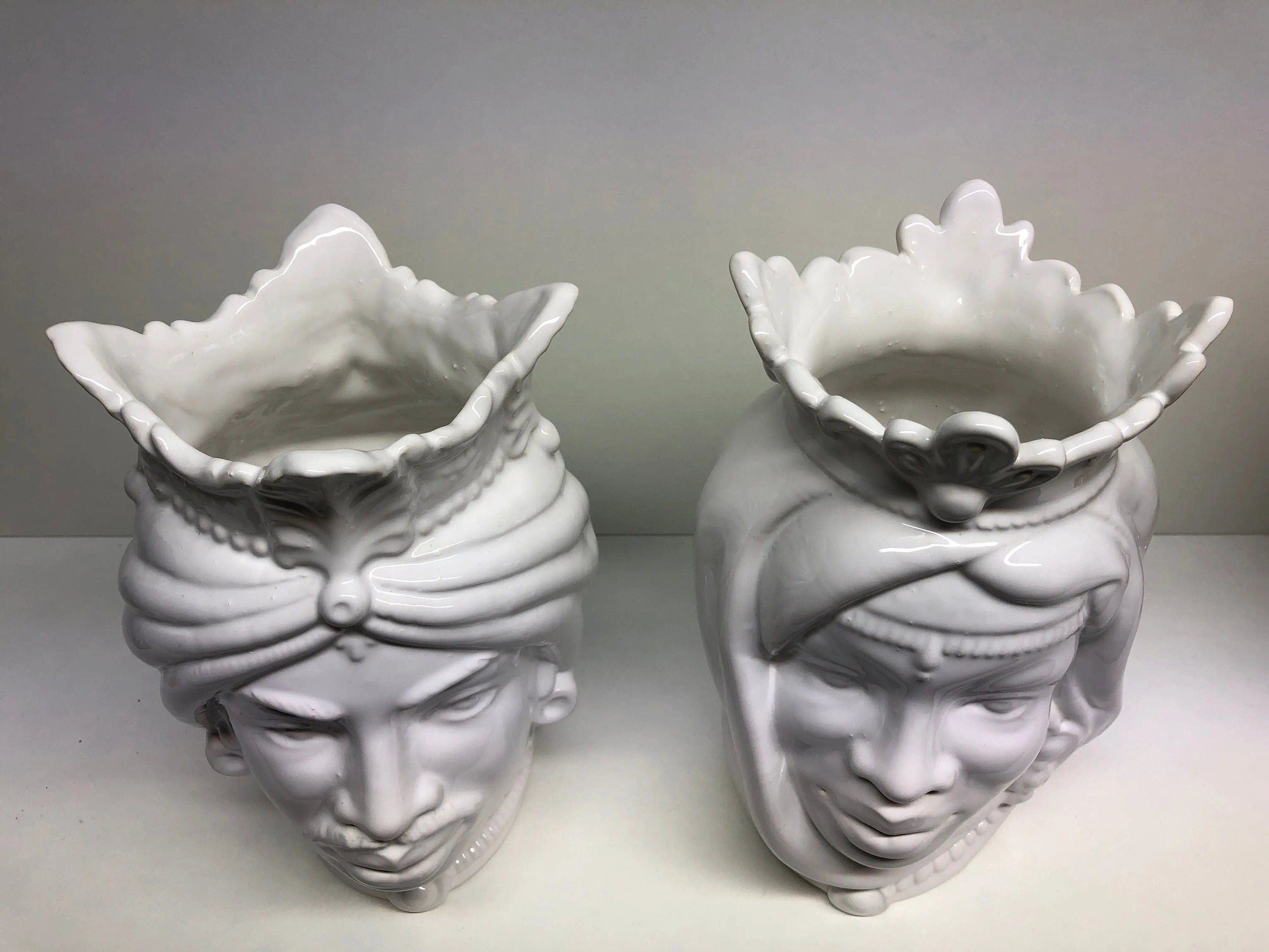 Teste di Moro Afro Ceramica Caltagirone cm H.25 L.17 Artigianale Bianco DD CERAMICHE SICILIANE