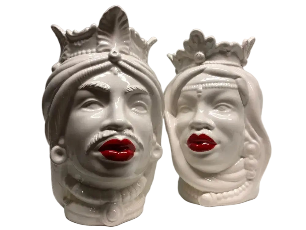 Teste di Moro Afro Ceramica Caltagirone cm H.25 L.17 Artigianale Bianco Labbra Rosse - DD CERAMICHE SICILIANE
