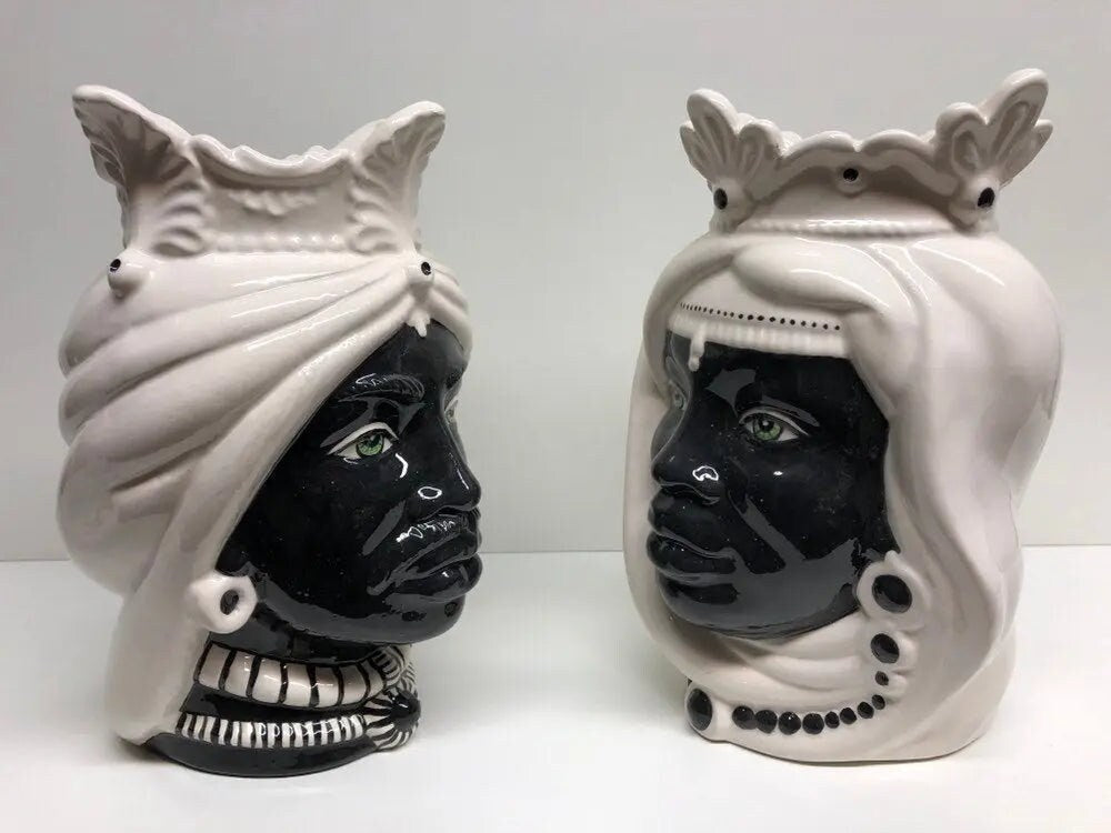 Teste di Moro Afro Ceramica Caltagirone cm H.25 L.17 Artigianale Bicolore Bianco Nero DD CERAMICHE SICILIANE