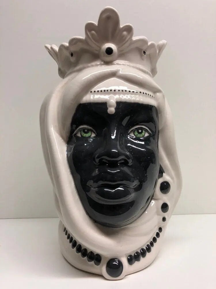 Teste di Moro Afro Ceramica Caltagirone cm H.25 L.17 Artigianale Bicolore Bianco Nero DD CERAMICHE SICILIANE