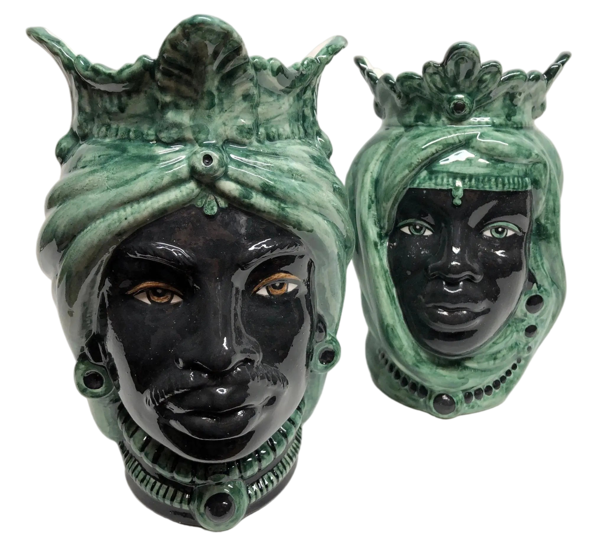 Teste di Moro Afro Ceramica Caltagirone cm H.25 L.17 Artigianale Bicolore Verde Nero - DD CERAMICHE SICILIANE