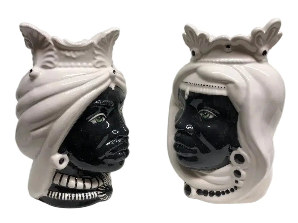 Teste di Moro Afro Ceramica Caltagirone cm H.25 L.17 Artigianale Bicolore Bianco Nero - DD CERAMICHE SICILIANE