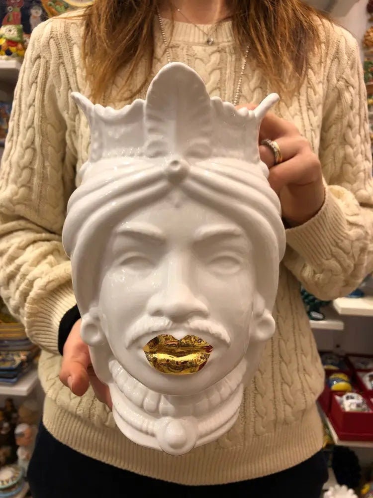 Teste di Moro Afro Ceramica Caltagirone cm H.25 L.17 Artigianale Bianco dettagli Oro DD CERAMICHE SICILIANE