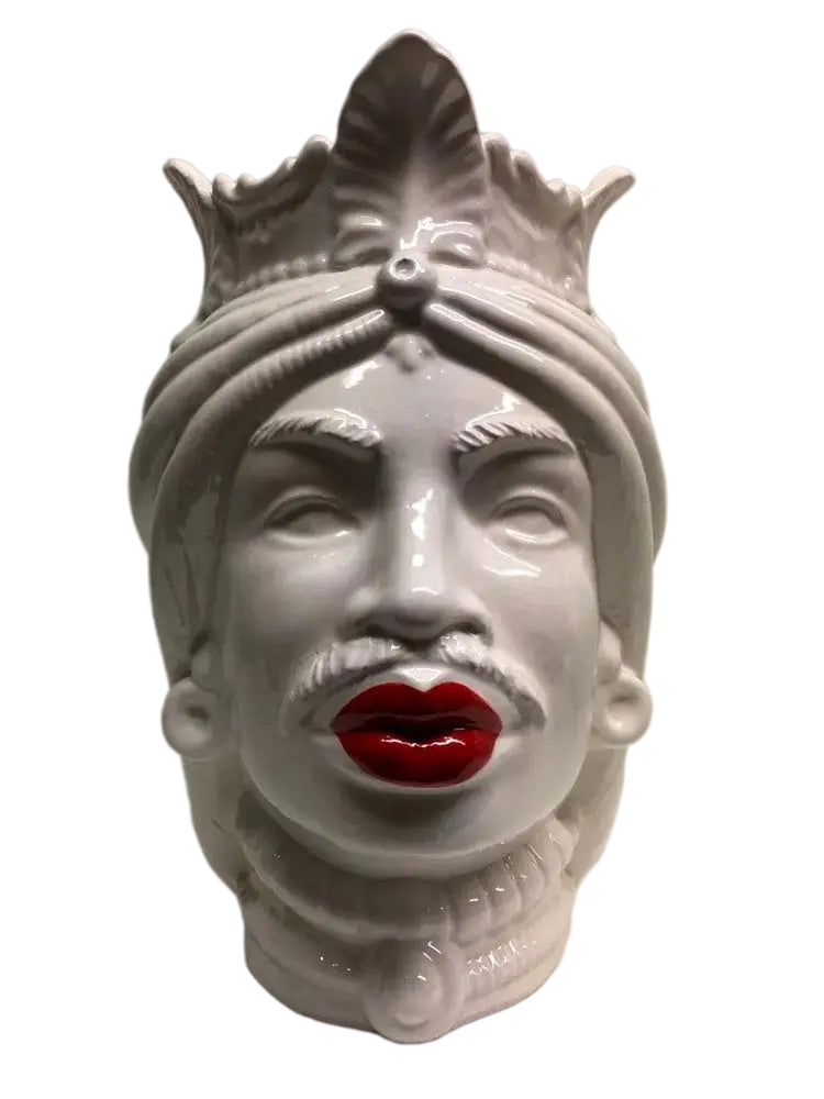 Teste di Moro Afro Ceramica Caltagirone cm H.25 L.17 Artigianale Bianco Labbra Rosse - DD CERAMICHE SICILIANE
