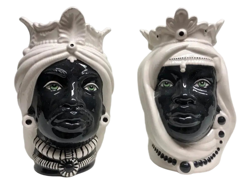 Teste di Moro Afro Ceramica Caltagirone cm H.25 L.17 Artigianale Bicolore Bianco Nero - DD CERAMICHE SICILIANE