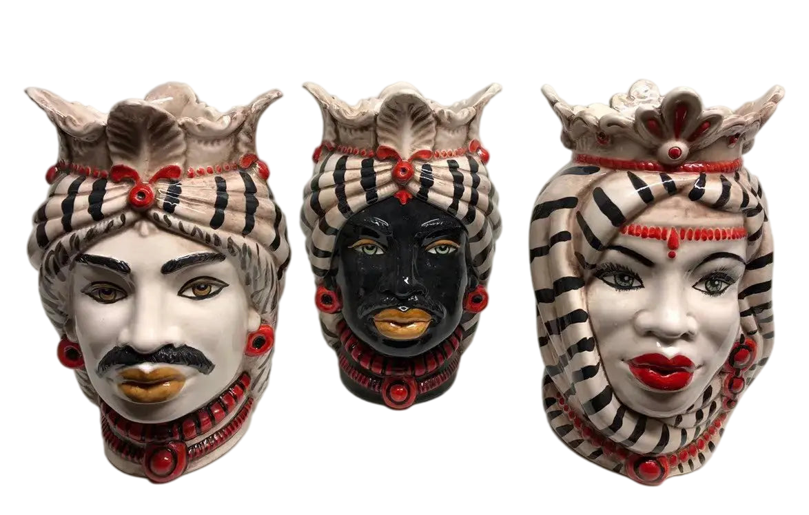 Teste di Moro Afro Ceramica Caltagirone cm H.25 L.17 Artigianale Turbante Striscie - DD CERAMICHE SICILIANE