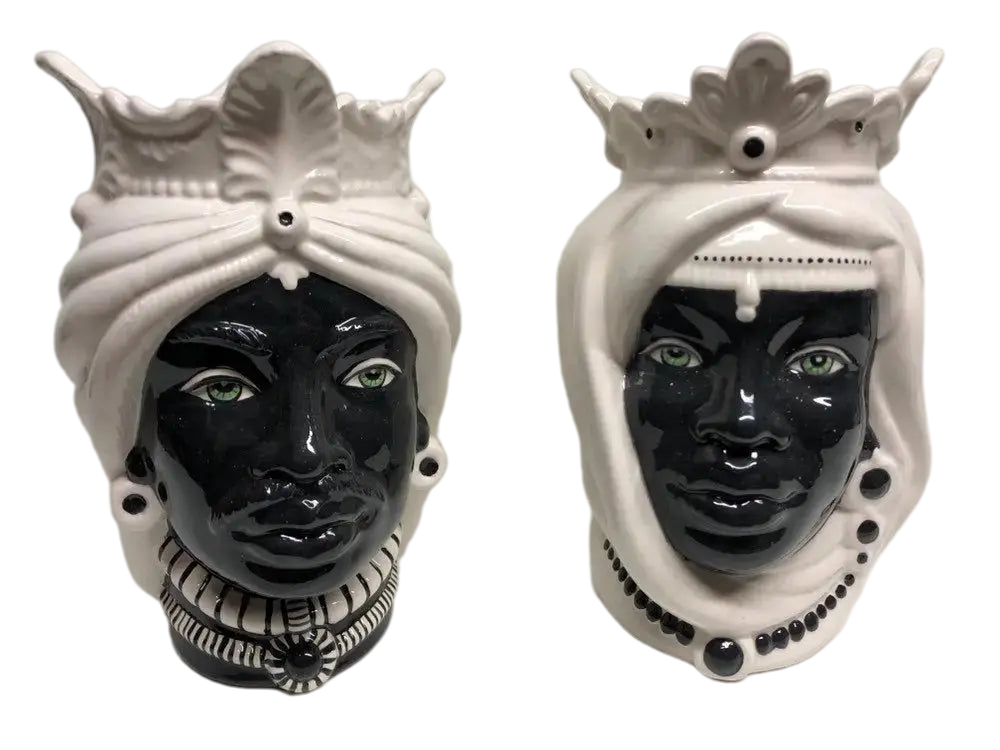 Teste di Moro Afro Ceramica Caltagirone cm H.25 L.17 Artigianale Bicolore Bianco Nero - DD CERAMICHE SICILIANE
