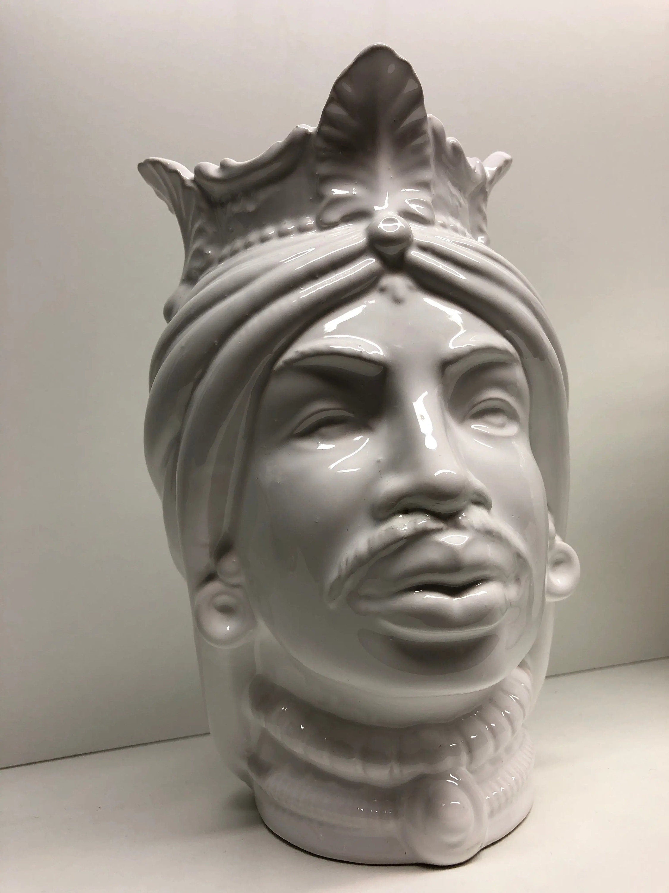 Teste di Moro Afro Ceramica Caltagirone cm H.25 L.17 Artigianale Bianco DD CERAMICHE SICILIANE