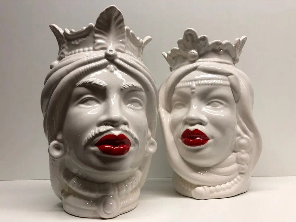 Teste di Moro Afro Ceramica Caltagirone cm H.25 L.17 Artigianale Bianco Labbra Rosse DD CERAMICHE SICILIANE