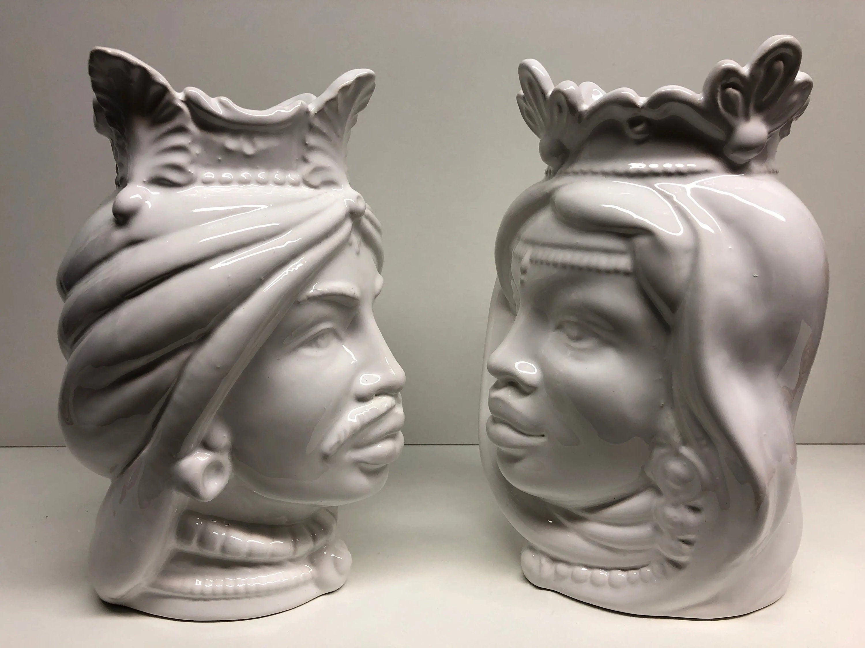 Teste di Moro Afro Ceramica Caltagirone cm H.25 L.17 Artigianale Bianco DD CERAMICHE SICILIANE