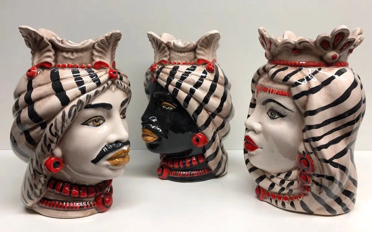 Teste di Moro Afro Ceramica Caltagirone cm H.25 L.17 Artigianale Turbante Striscie DD CERAMICHE SICILIANE
