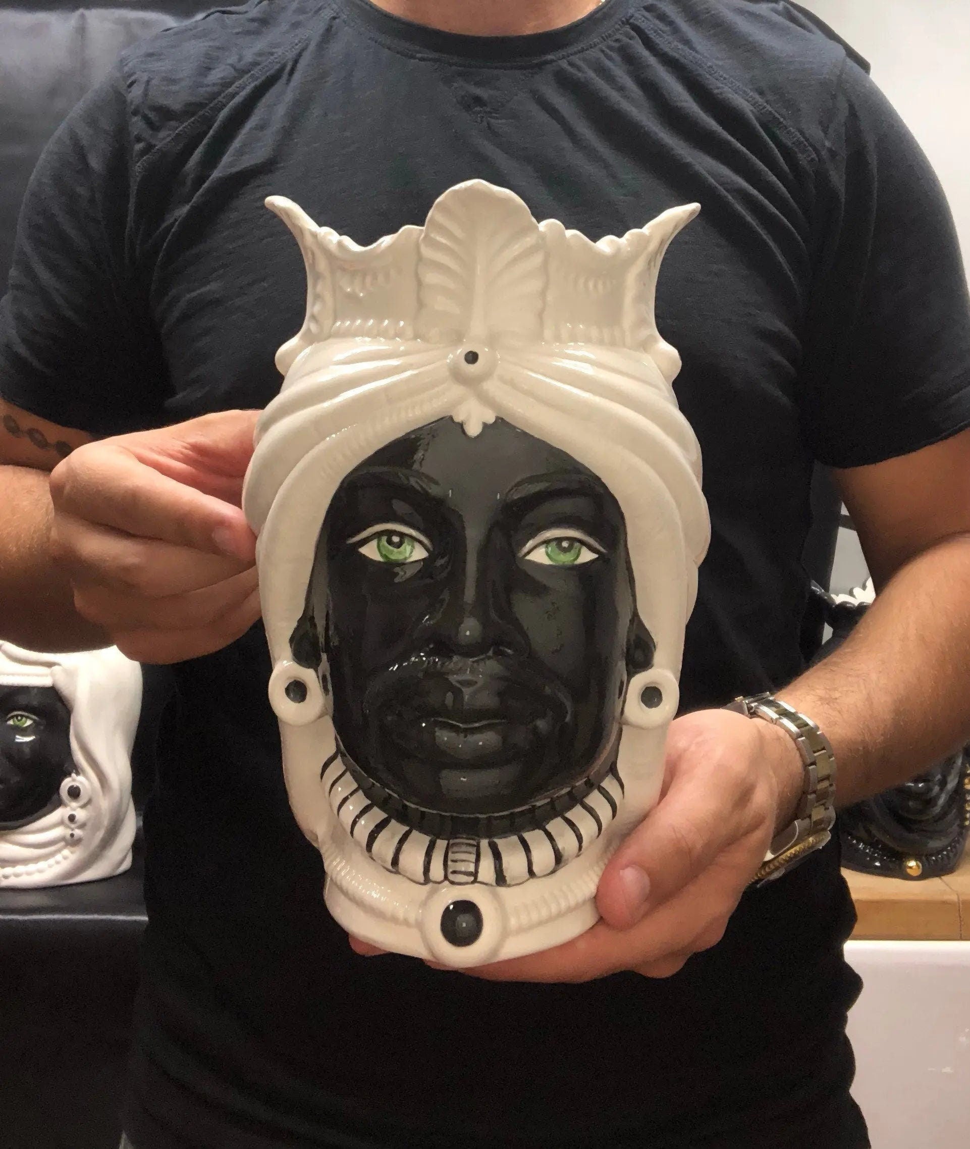 Teste di Moro Afro Ceramica Caltagirone cm H.25 L.17 Artigianale Bicolore Bianco Nero DD CERAMICHE SICILIANE