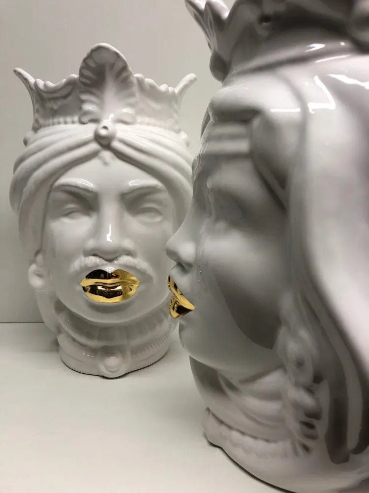 Teste di Moro Afro Ceramica Caltagirone cm H.25 L.17 Artigianale Bianco dettagli Oro DD CERAMICHE SICILIANE