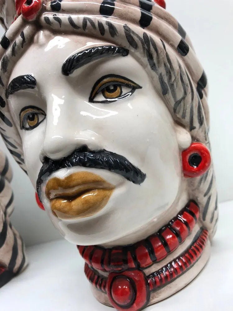 Teste di Moro Afro Ceramica Caltagirone cm H.25 L.17 Artigianale Turbante Striscie DD CERAMICHE SICILIANE