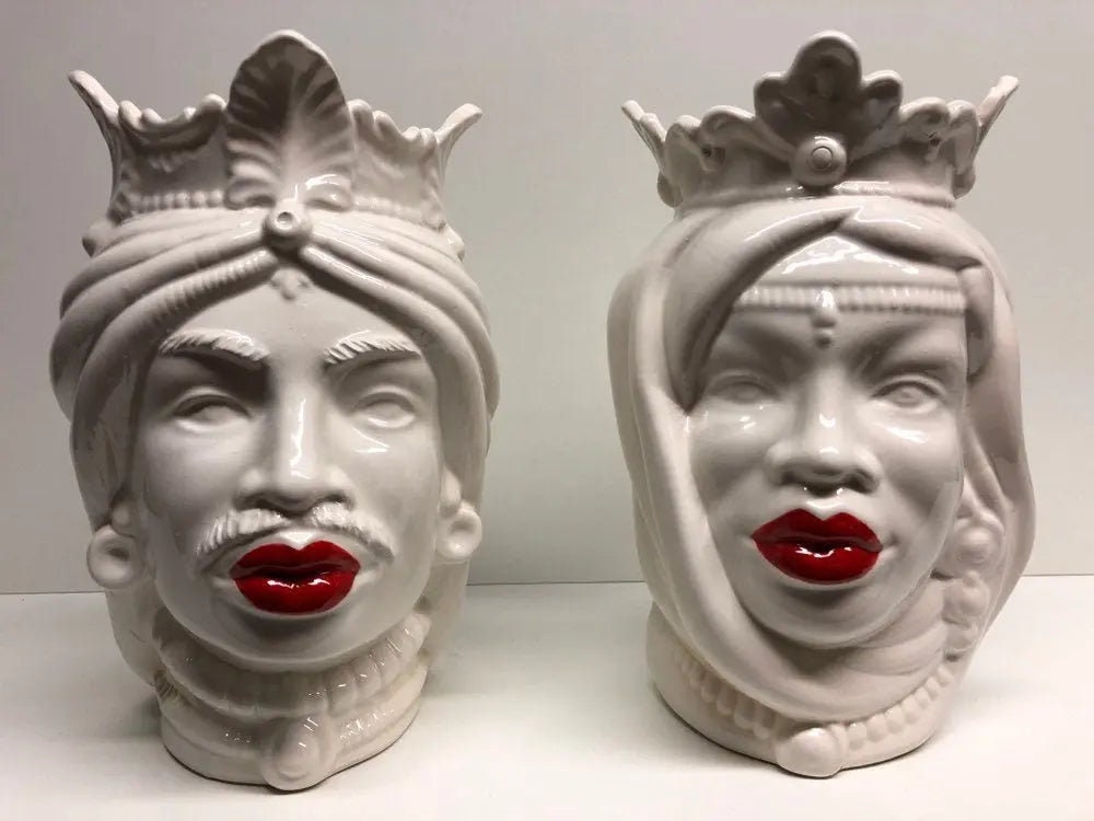 Teste di Moro Afro Ceramica Caltagirone cm H.25 L.17 Artigianale Bianco Labbra Rosse DD CERAMICHE SICILIANE