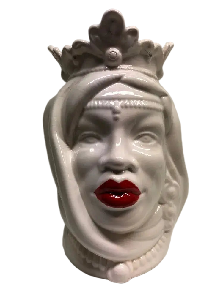 Teste di Moro Afro Ceramica Caltagirone cm H.25 L.17 Artigianale Bianco Labbra Rosse - DD CERAMICHE SICILIANE
