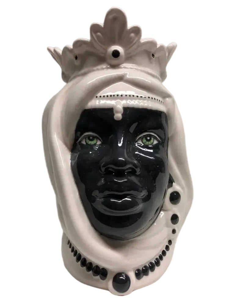 Teste di Moro Afro Ceramica Caltagirone cm H.25 L.17 Artigianale Bicolore Bianco Nero - DD CERAMICHE SICILIANE