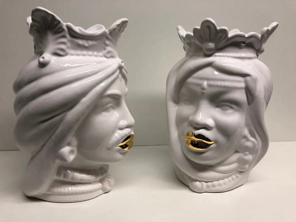 Teste di Moro Afro Ceramica Caltagirone cm H.25 L.17 Artigianale Bianco dettagli Oro DD CERAMICHE SICILIANE