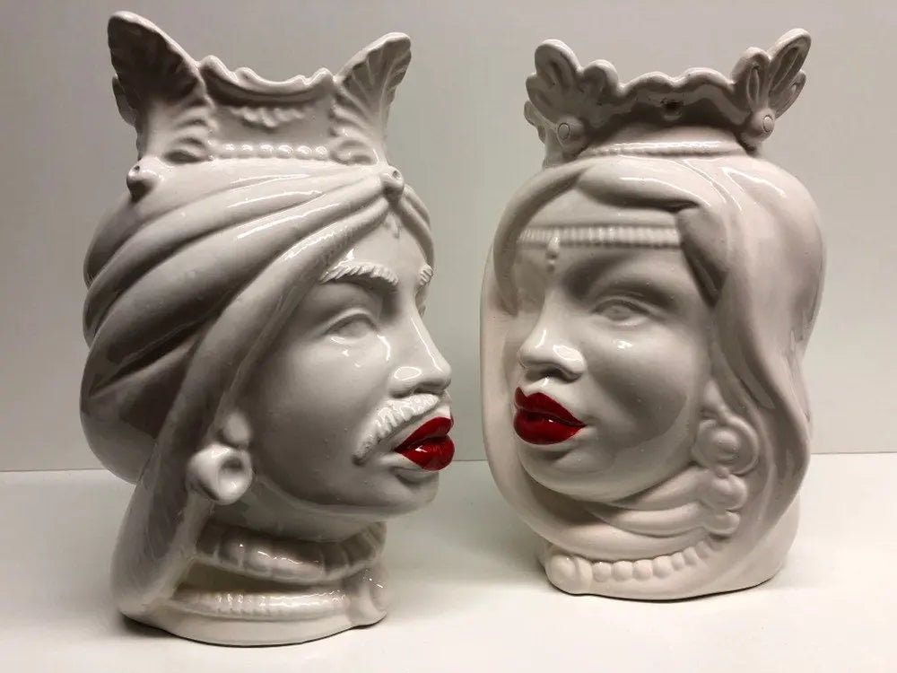 Teste di Moro Afro Ceramica Caltagirone cm H.25 L.17 Artigianale Bianco Labbra Rosse DD CERAMICHE SICILIANE