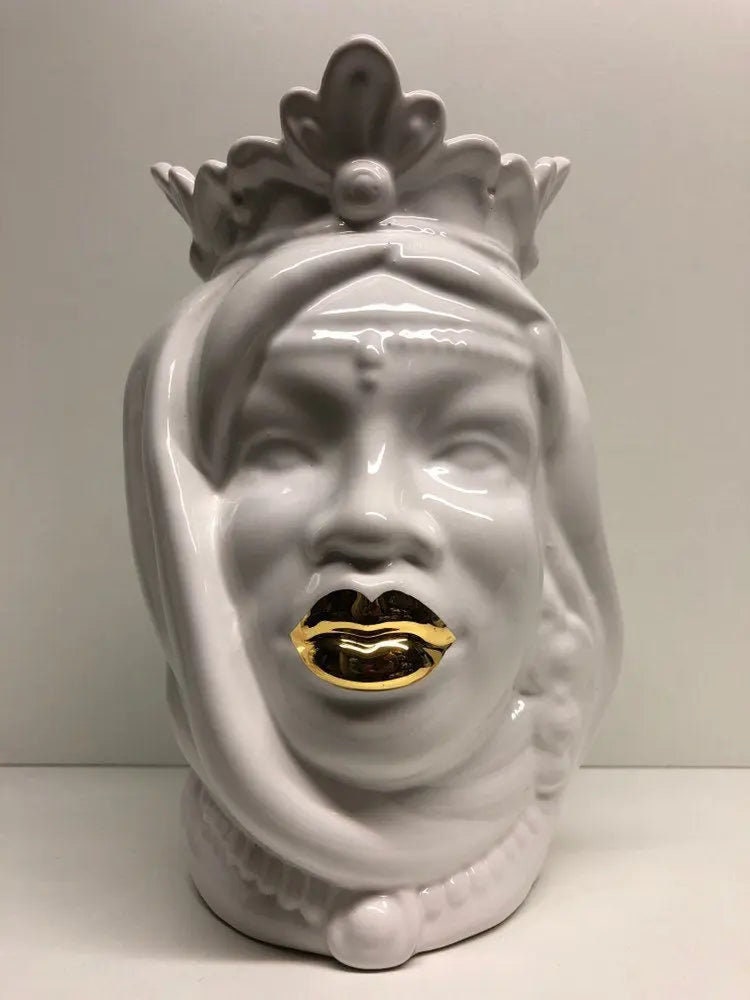 Teste di Moro Afro Ceramica Caltagirone cm H.25 L.17 Artigianale Bianco dettagli Oro DD CERAMICHE SICILIANE