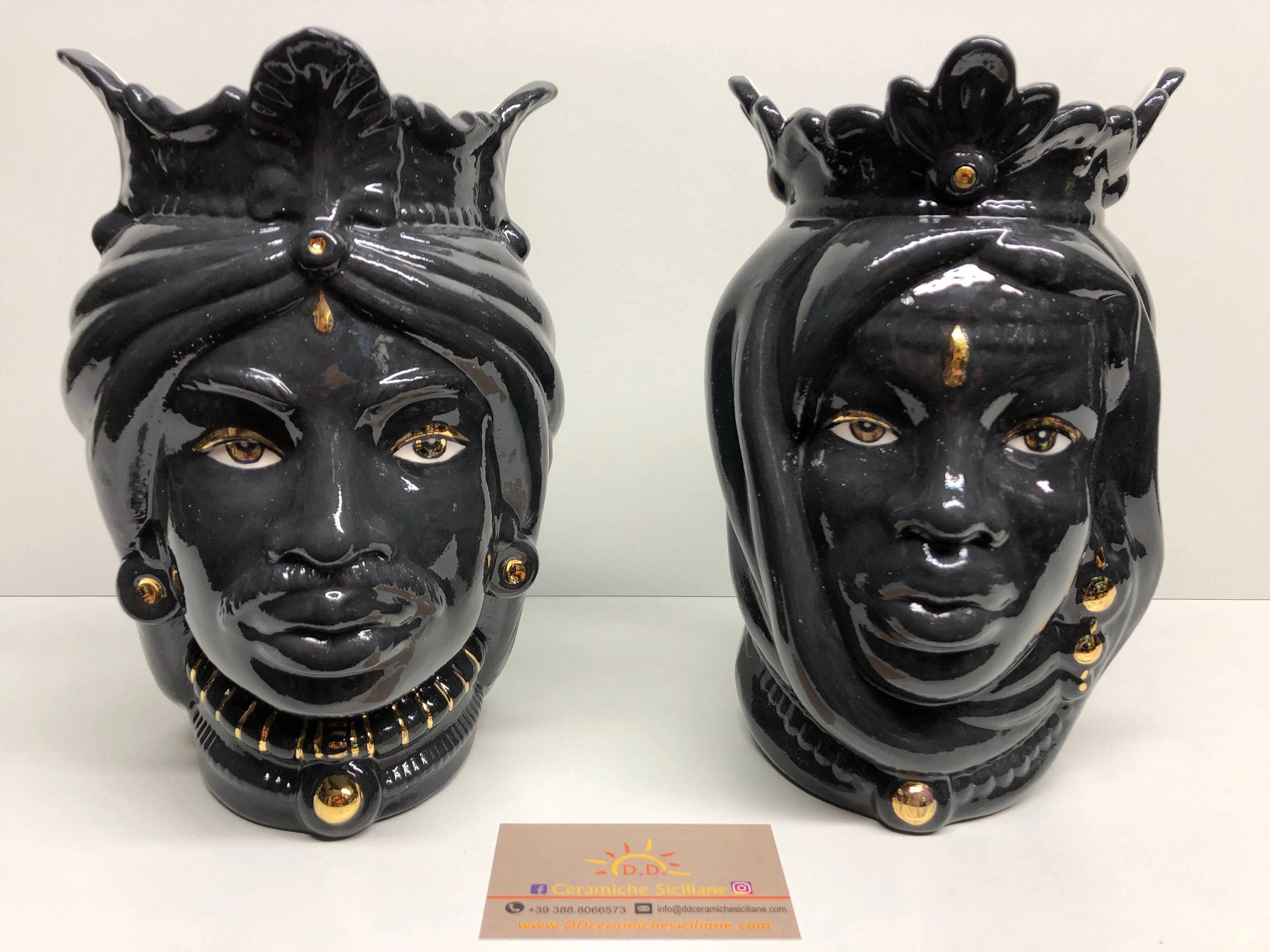 Teste di Moro Afro Ceramica Caltagirone cm H.25 L.17 Artigianale Nero dettagli Oro DD CERAMICHE SICILIANE