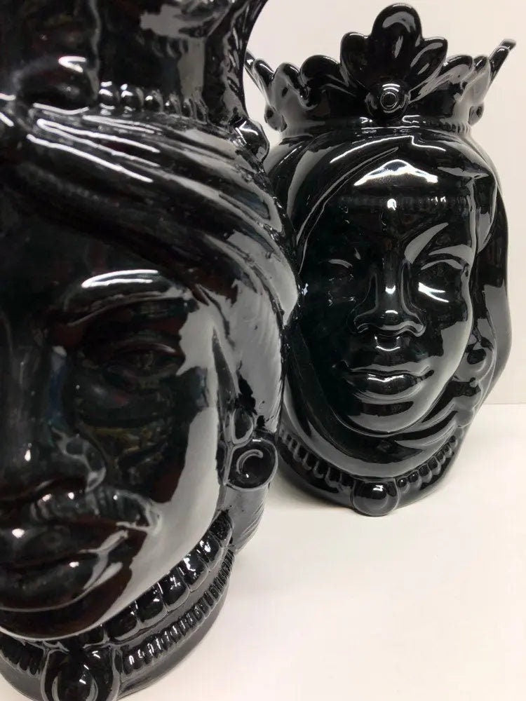 Teste di Moro Afro Ceramica Caltagirone cm H.25 L.17 Artigianale Nero Lucido DD CERAMICHE SICILIANE