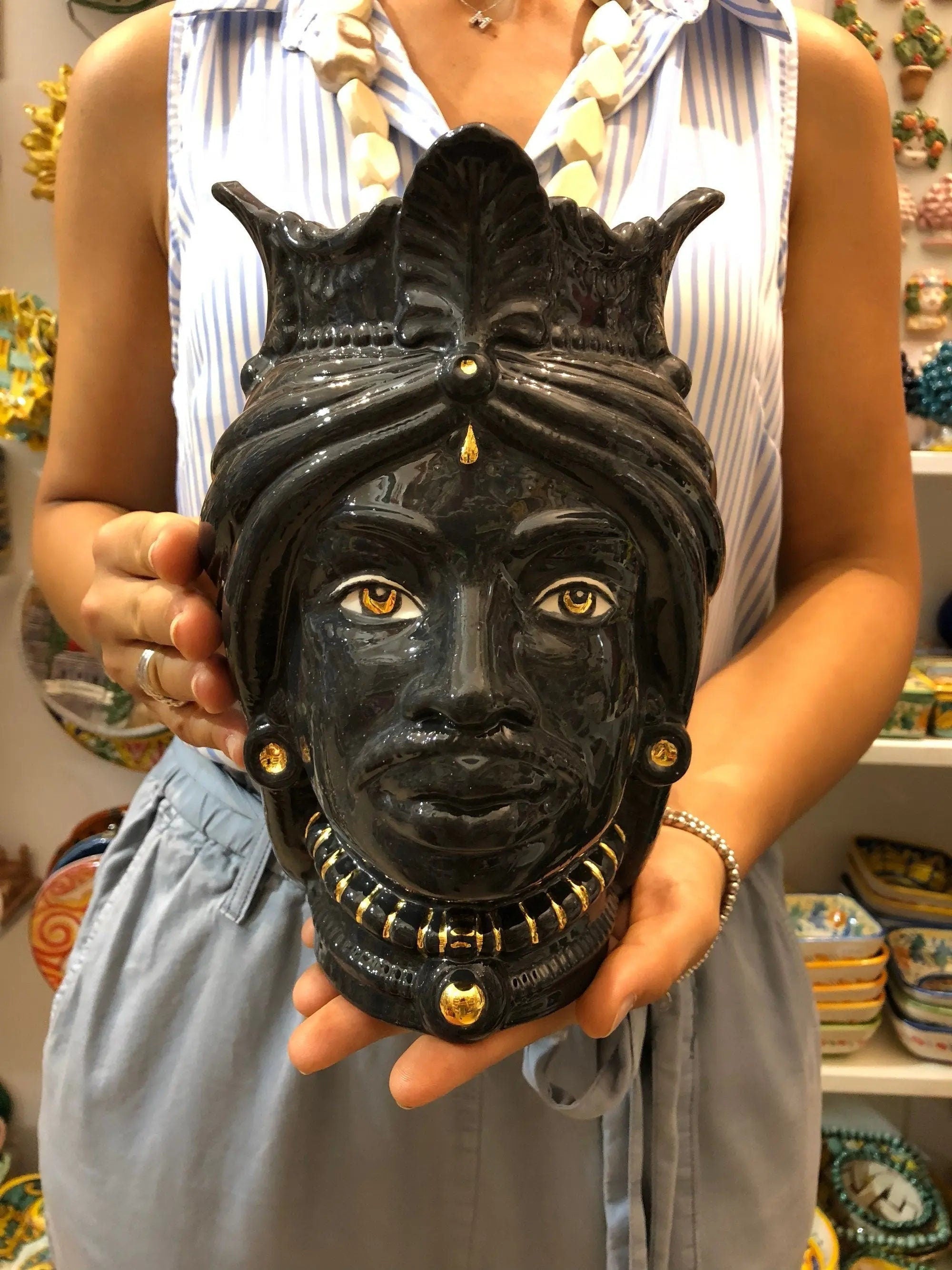 Teste di Moro Afro Ceramica Caltagirone cm H.25 L.17 Artigianale Nero dettagli Oro DD CERAMICHE SICILIANE