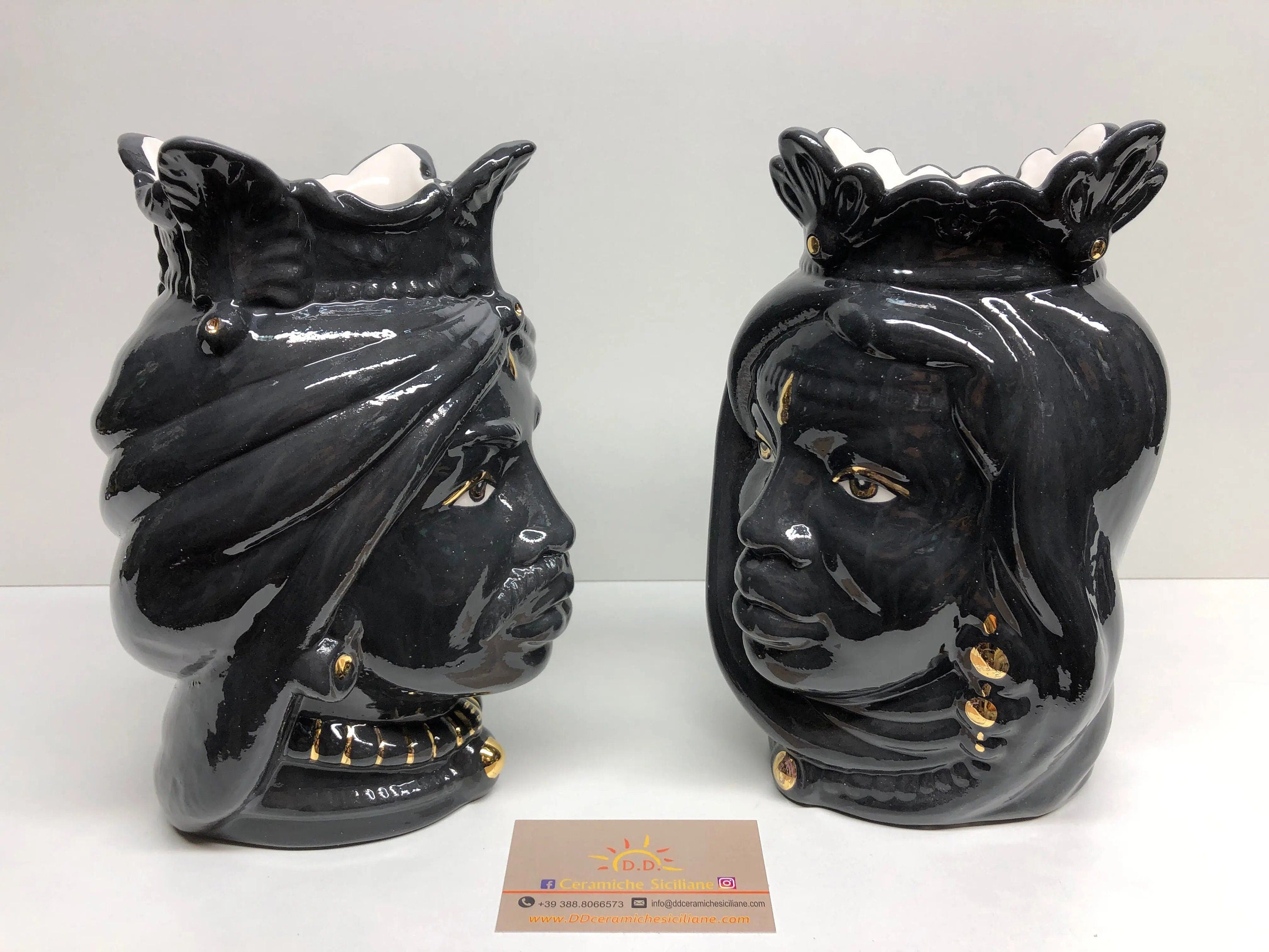 Teste di Moro Afro Ceramica Caltagirone cm H.25 L.17 Artigianale Nero dettagli Oro DD CERAMICHE SICILIANE