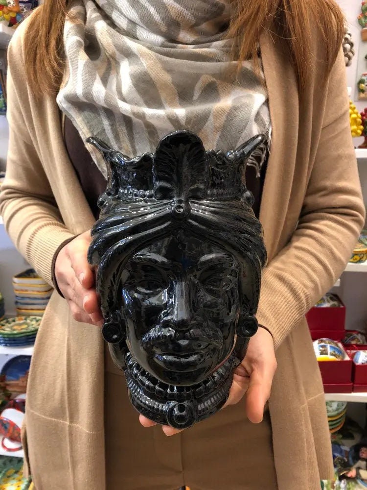 Teste di Moro Afro Ceramica Caltagirone cm H.25 L.17 Artigianale Nero Lucido DD CERAMICHE SICILIANE