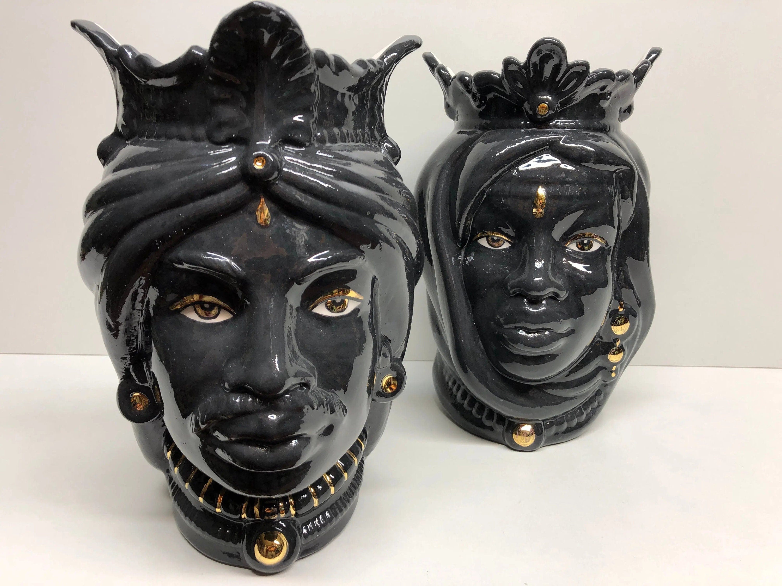 Teste di Moro Afro Ceramica Caltagirone cm H.25 L.17 Artigianale Nero dettagli Oro DD CERAMICHE SICILIANE