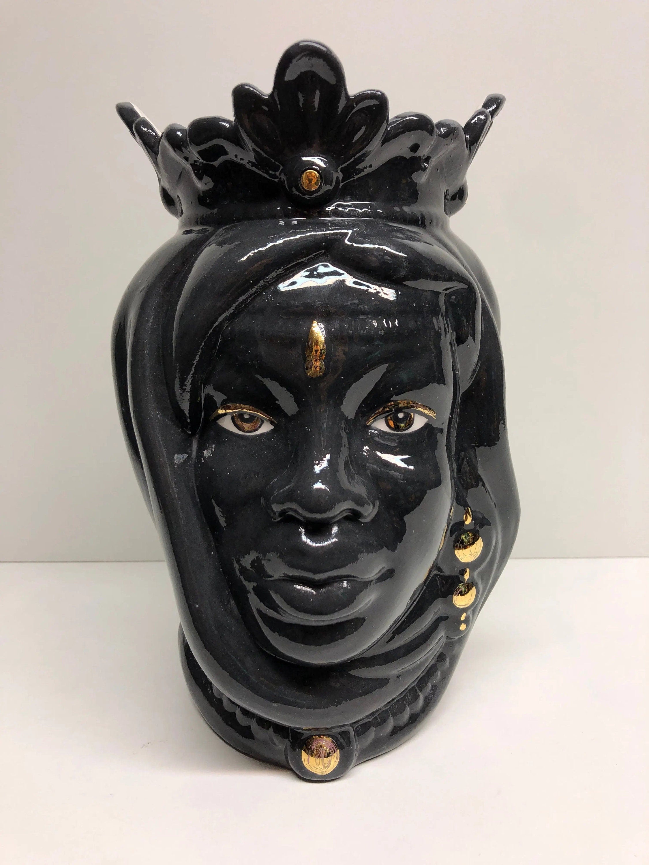 Teste di Moro Afro Ceramica Caltagirone cm H.25 L.17 Artigianale Nero dettagli Oro DD CERAMICHE SICILIANE