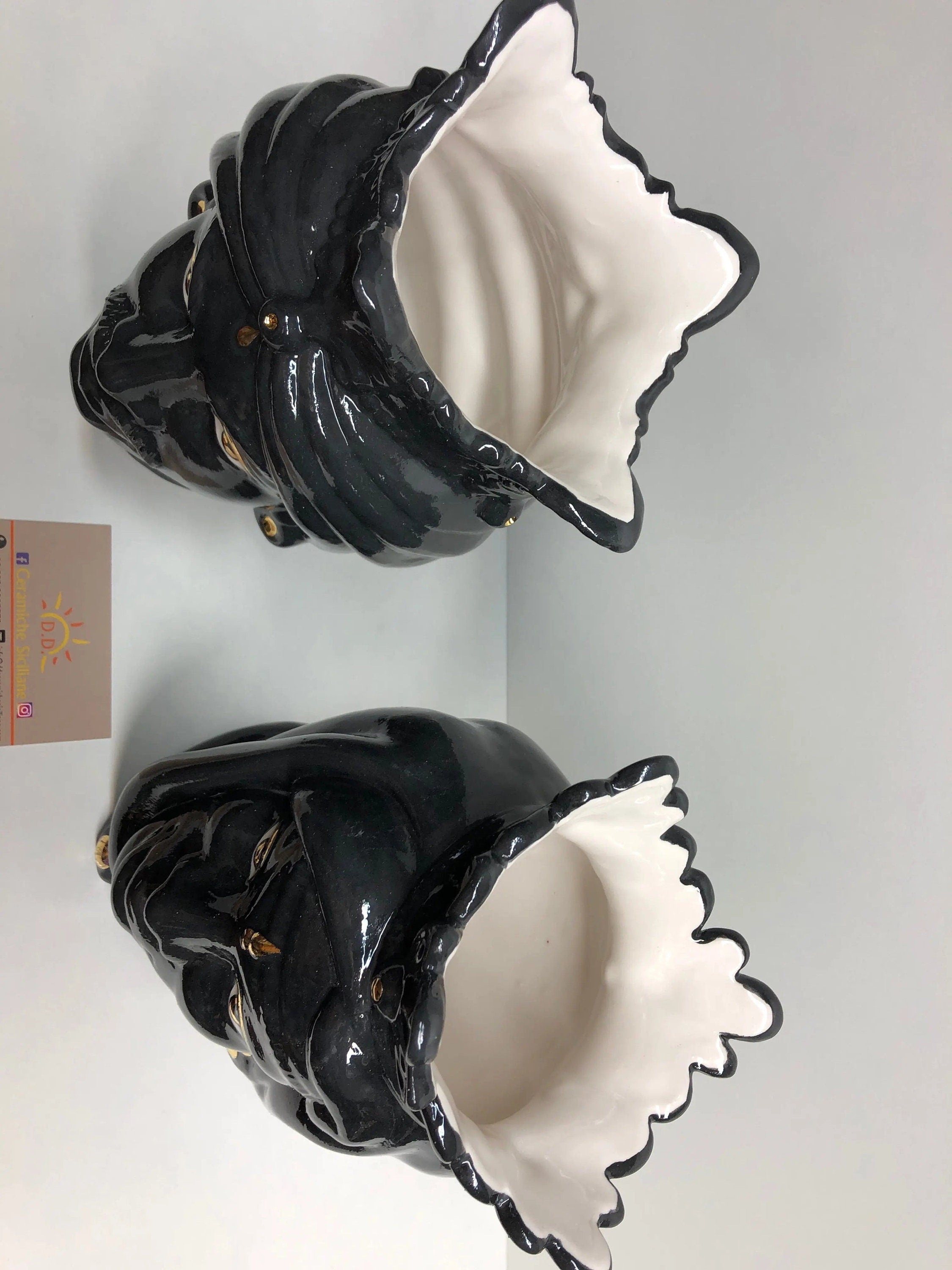 Teste di Moro Afro Ceramica Caltagirone cm H.25 L.17 Artigianale Nero dettagli Oro DD CERAMICHE SICILIANE