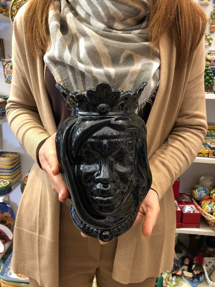 Teste di Moro Afro Ceramica Caltagirone cm H.25 L.17 Artigianale Nero Lucido DD CERAMICHE SICILIANE