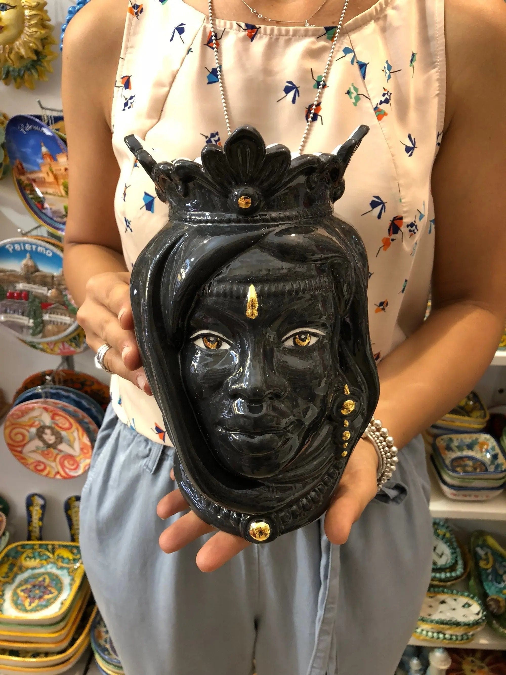 Teste di Moro Afro Ceramica Caltagirone cm H.25 L.17 Artigianale Nero dettagli Oro DD CERAMICHE SICILIANE