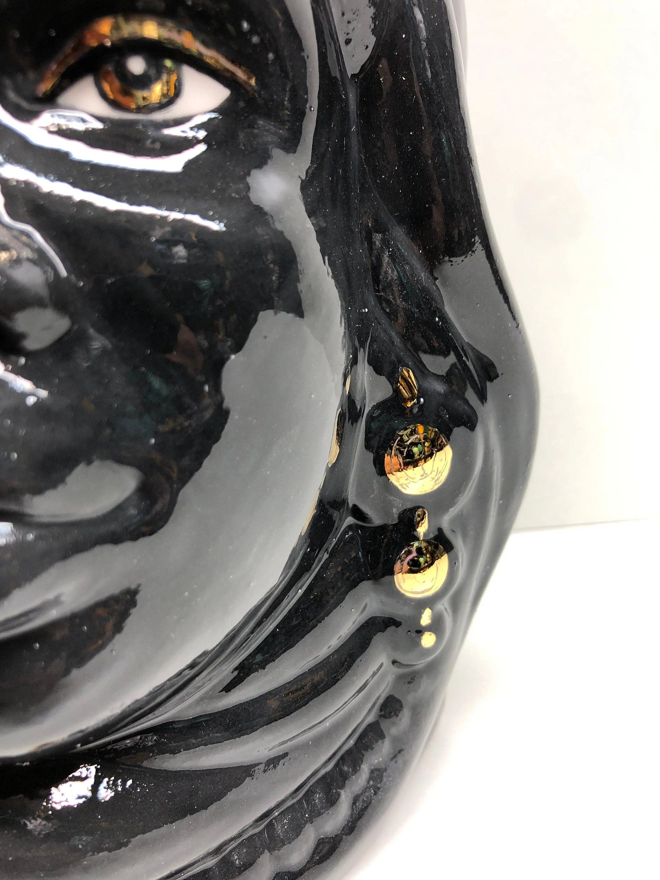 Teste di Moro Afro Ceramica Caltagirone cm H.25 L.17 Artigianale Nero dettagli Oro DD CERAMICHE SICILIANE