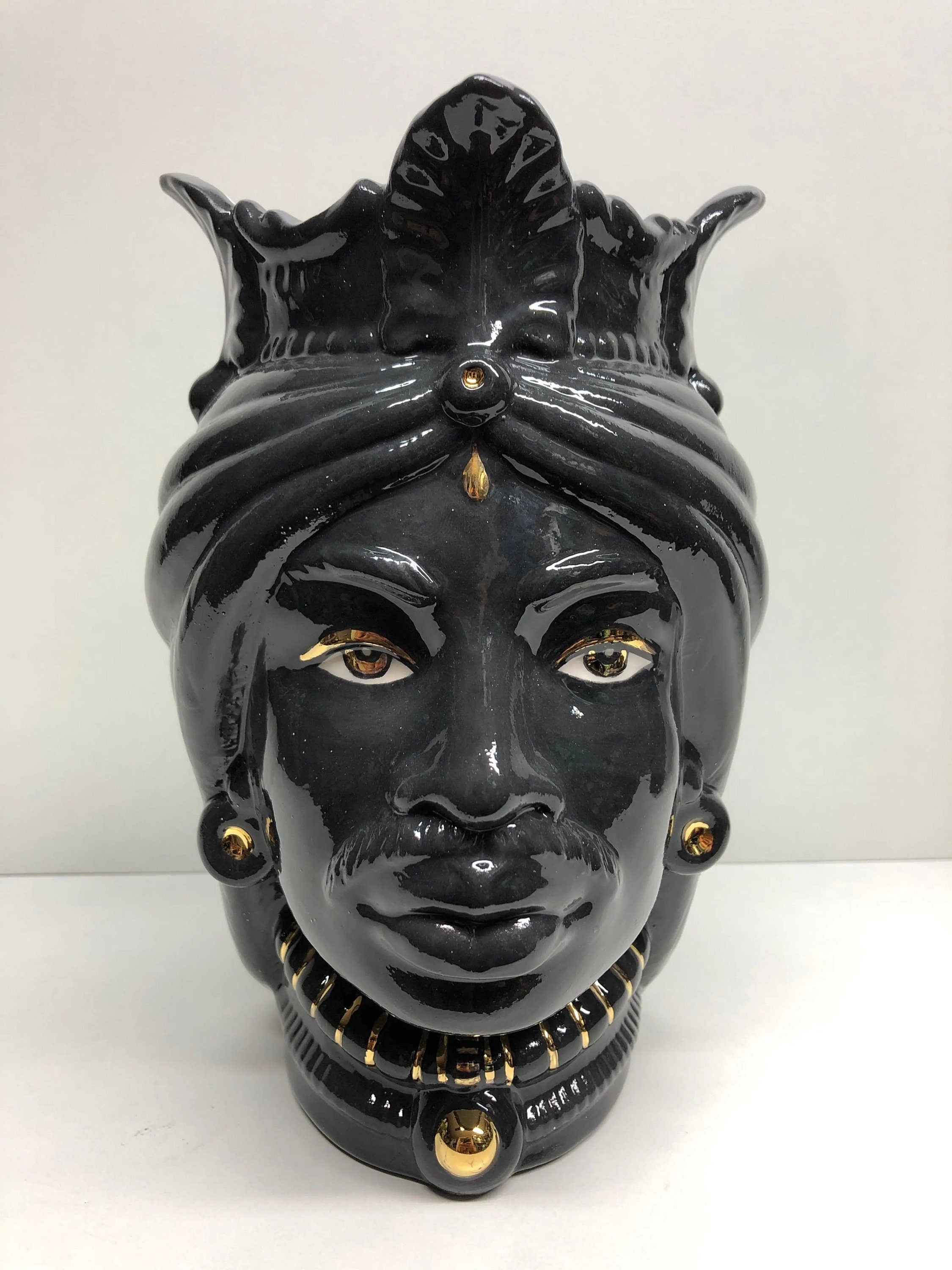 Teste di Moro Afro Ceramica Caltagirone cm H.25 L.17 Artigianale Nero dettagli Oro DD CERAMICHE SICILIANE