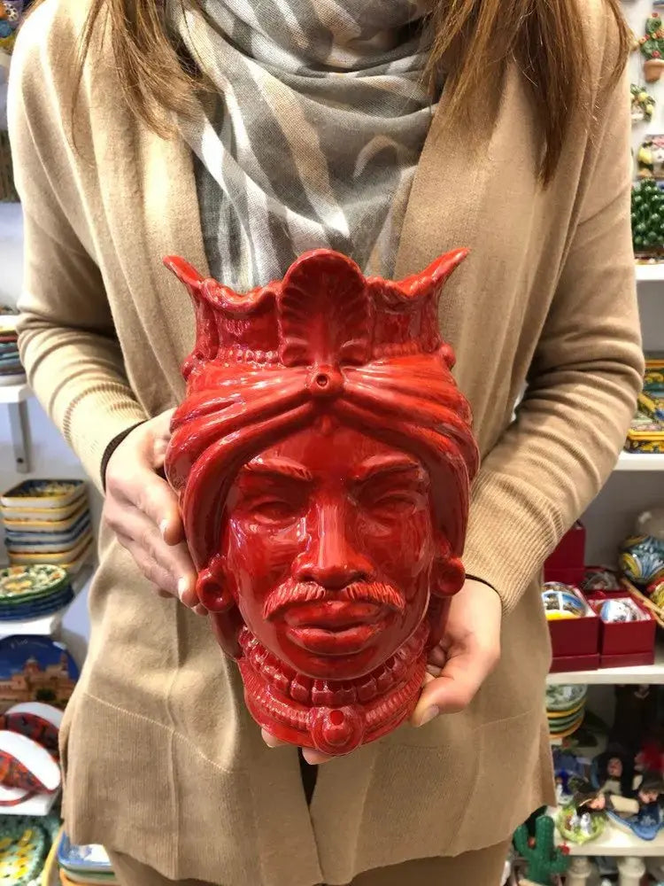 Teste di Moro Afro Ceramica Caltagirone cm H.25 L.17 Artigianale Rosso - DD CERAMICHE SICILIANE