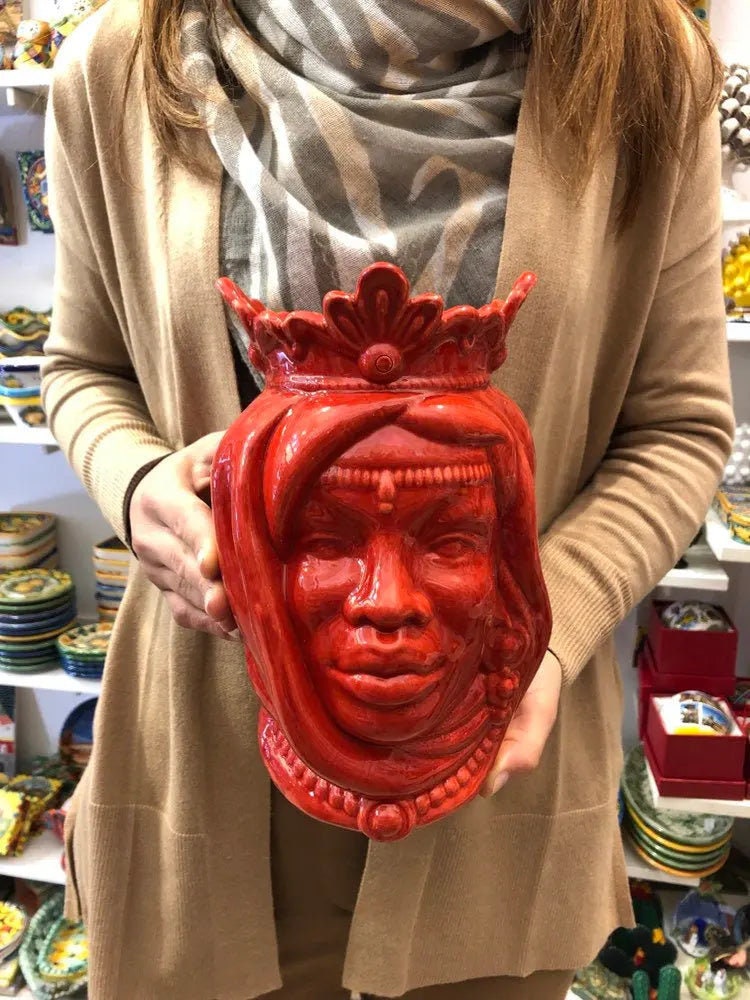 Teste di Moro Afro Ceramica Caltagirone cm H.25 L.17 Artigianale Rosso DD CERAMICHE SICILIANE