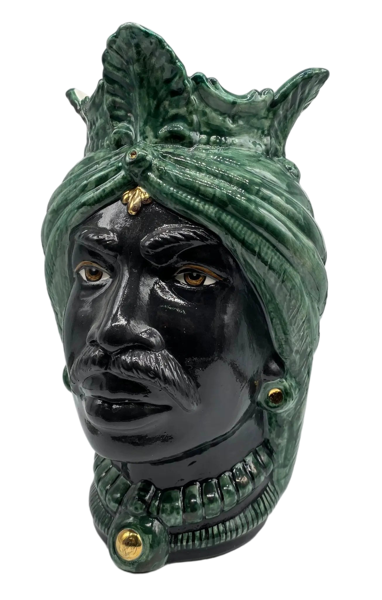 Teste di Moro Afro Ceramica Caltagirone cm H.35 L.23 Artigianale Verde con Oro - DD CERAMICHE SICILIANE