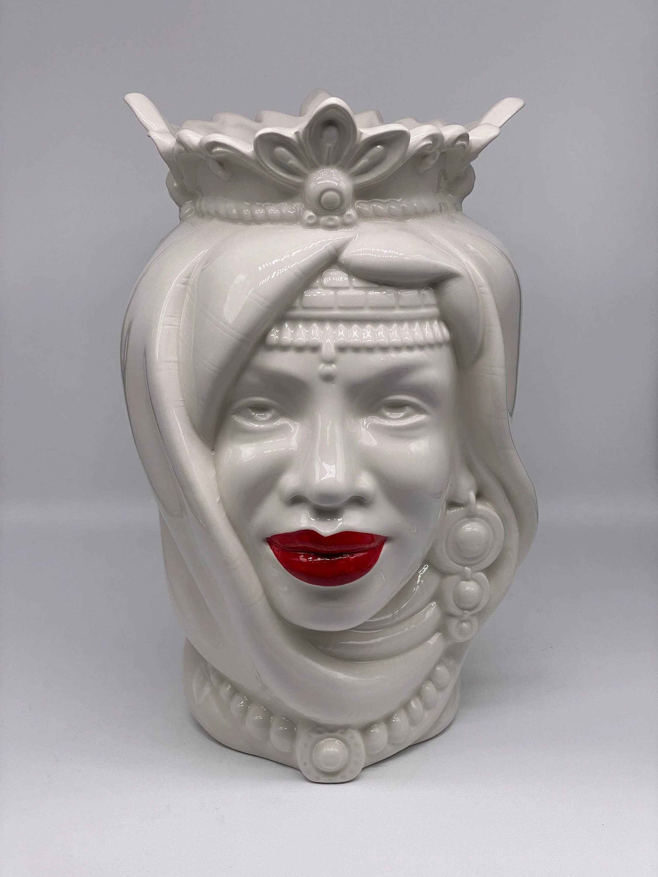 Teste di Moro Afro Ceramica Caltagirone cm H.37 L.24 Artigianale Bianco Labbra Rosse DD CERAMICHE SICILIANE